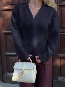 Jeta Ari Áo len dệt kim dài tay cổ chữ V thời trang retro màu đỏ tía cho nữ - Màu xanh hải quân - Xem 3