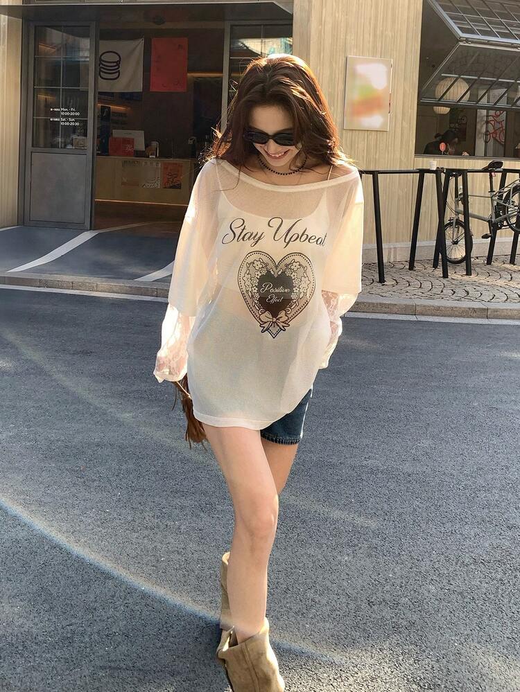 Women's Oblique Shoulder Korean Style Mesh Long Sleeve Printed Blouse Oversized
