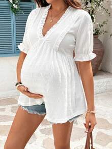SHEIN 孕妇休闲纯色纹理短袖衬衫 - 白色 - 查看 5