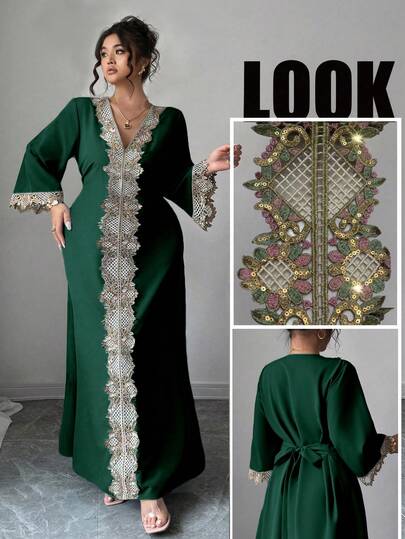 Elenzga Plus Size Women's Spring/Summer Hot Selling Casual Commute Chic Fashion Urban Feminine Style Distinctive Classic Retro Lace Positioning Exquisite Design Sense Foreign Vacation Travel Long Sleeve Majestic Luxurious Long Dress