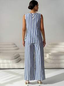 MaterniWear 两件套孕妇条纹圆领背心和抽绳腰裤休闲套装 - 藍白色 - 查看 2