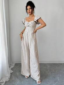 INAWLY Women's Fashionable Elegant Polka Dot Print Off-Shoulder Jumpsuit - Apricot - View 4