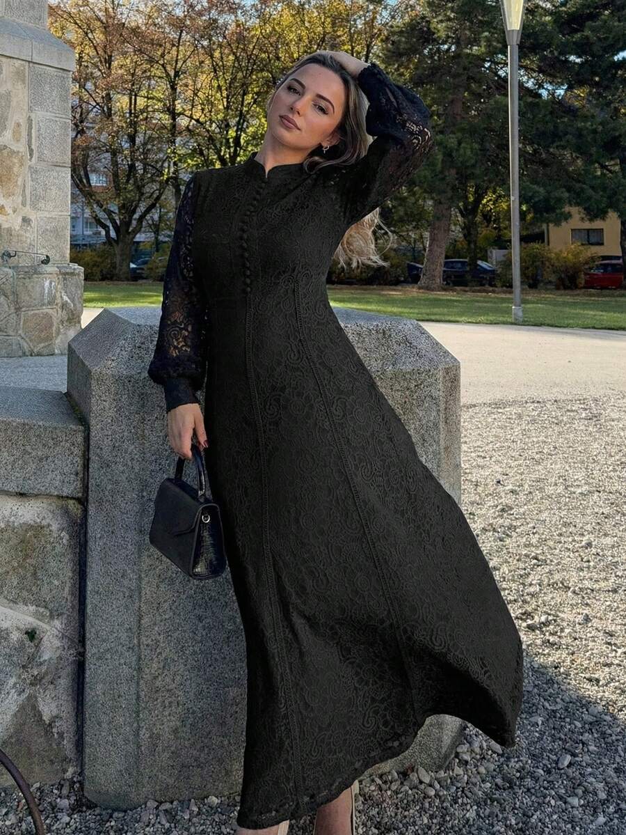 Jeta Ari Solid Color Lace Trimmed Button Decoration Long Sleeve Dress Maxi Women Outfit - Black - View 1