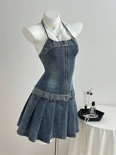 Elamini Women's Solid Color Halter Neck Denim Mini Pleated Dress
