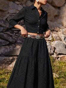 Maija Black Cotton A-Line Embroidered Skirt, Casual & Versatile For Vacation  Spring Summer Beach Outfits - Black - View 3