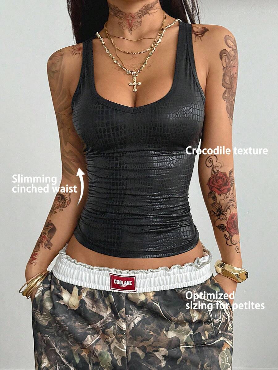 SHEIN Coolane Petite 女士小码夏季街头休闲朋克风皮革弹力纹理黑色抹胸方形鳄鱼纹PU背心，适合小码身材，露脐设计，拉长身形 - 黑色 - 查看 1