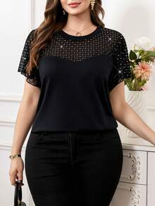 SHEIN Clasi Áo ngắn tay phối ren mùa hè dành cho nữ cỡ lớn, áo đi chơi, áo công sở thường ngày. - màu đen - Xem 3