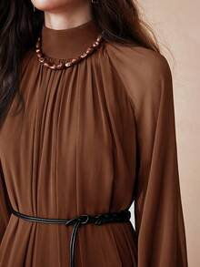 Arave Vestido largo de gasa holgado y elegante para mujer con cuello alto y dobladillo con volantes en capas, adecuado para citas - Óxido marrón - Ver 9