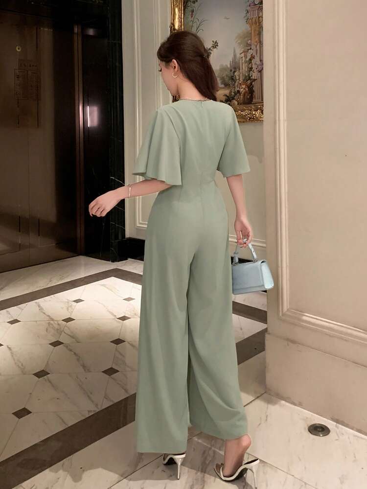 Women's Elegant Solid Color V-Neck Wide Leg Jumpsuit, Summer Jumpsuit For Women