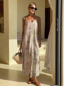 Livesso Geometric Print Bohemian Casual Vacation Beach Elegant Commute Loose Spaghetti Strap Dress For Women, Spring & Summer - Apricot - View 2