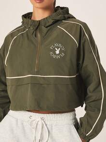 Missguided x Playboy 橄榄绿短款连帽防风夹克，饰有白色撞色滚边标志，长袖运动外套 - 軍綠色 - 查看 4