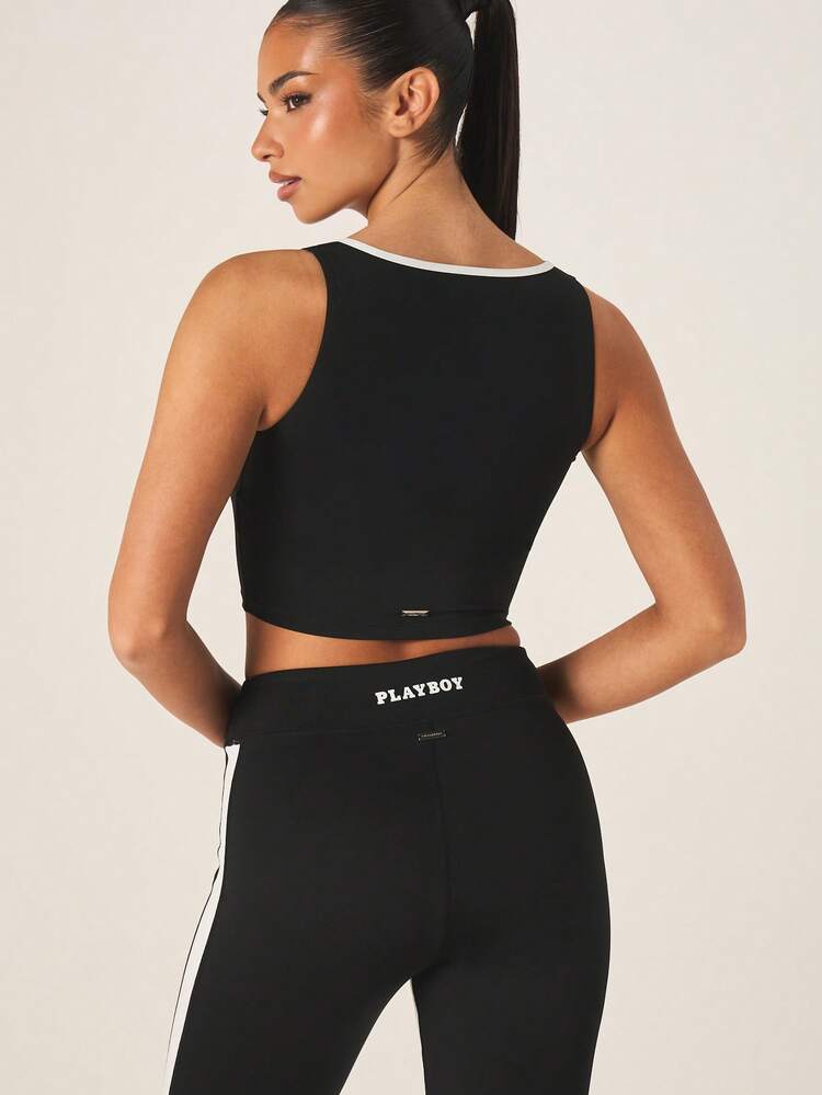 Missguided x Playboy Women Logo Notch Neck Tank Top With Contrast White Trim Activewear Athletic Crop Top