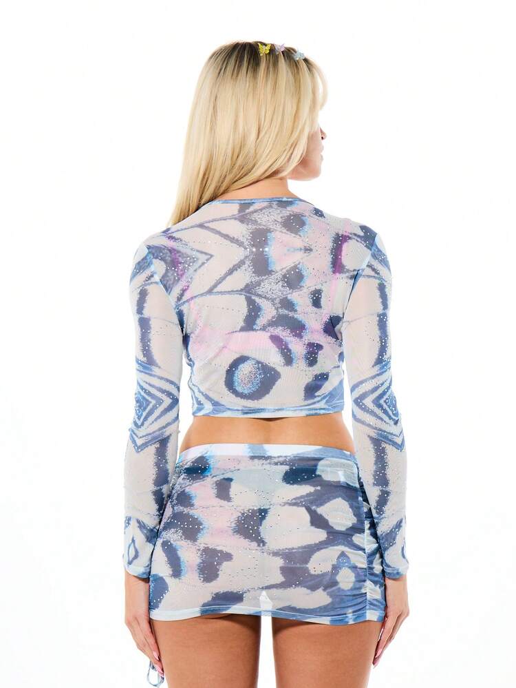 SUMWON WOMEN Abstract Geometric Long Sleeve Crop Top Celestial Galactic Print Mesh Fabric