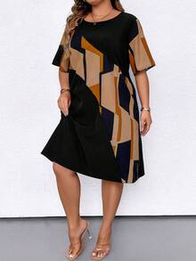 EMERY ROSE Plus Size Women's Color Block Floral Print Round Neck Short Sleeve Casual Dress, For Summer - Yellow - View 6