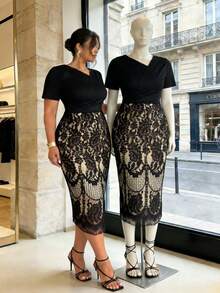 Firerie Plus Size Black Summer Curve Elegant Cocktail Midi Dress For Women,Ruched Lace Patchwork Short Sleeve Two Piece Skirt Set,Office Commute Wedding Dress - Black - View 9