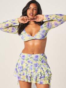 MISSGUIDED Women's Floral Print Long Sleeve Crop Top And Tiered Ruffle Mini Skirt Two Piece Matching Co Ord Set With V Neck And Asymmetric Hem Detail - Multicolor - View 5