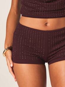 MISSGUIDED Bộ đồ hai mảnh gồm áo hai dây cổ yếm đính đá lấp lánh và quần đùi cạp cao dành cho nữ, thích hợp cho các buổi tiệc đêm. - màu nâu - Xem 4