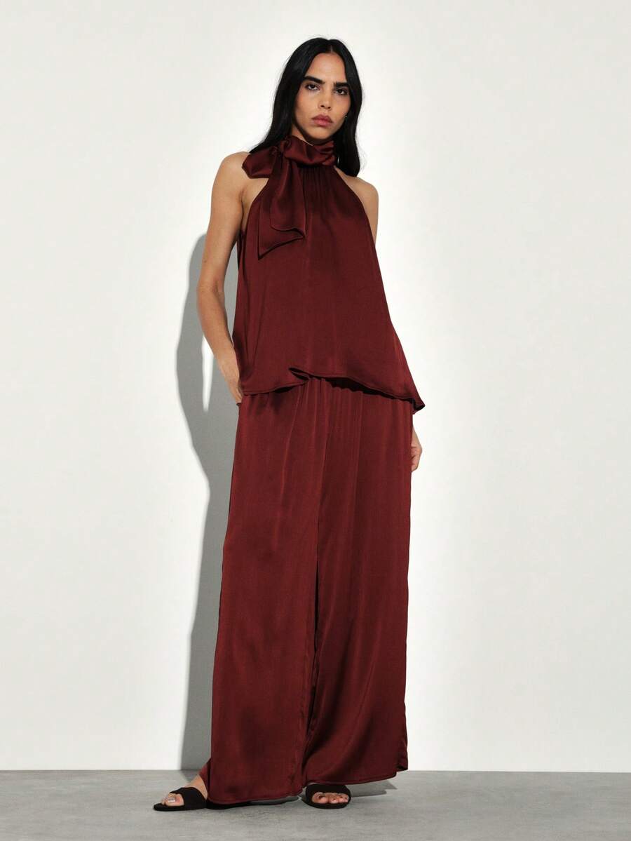 KSTM Women's Fluid Satin Wide Leg Palazzo Pants Elegant Evening Luxe For Special Occasions - Burgundy - View 1