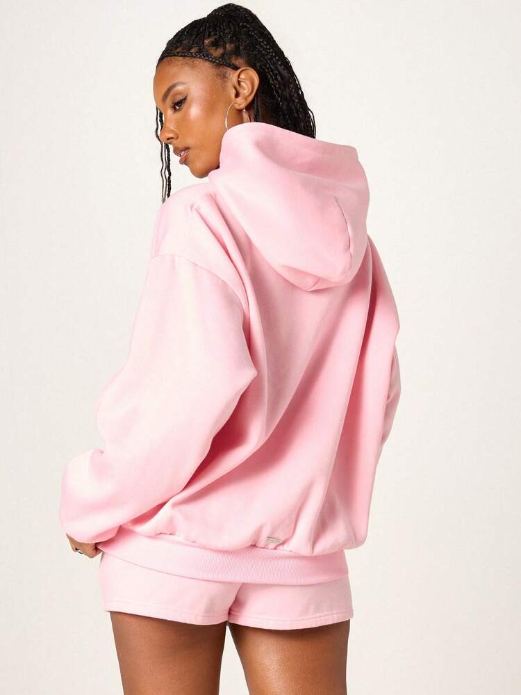 Missguided x Playboy Women Oversized Pink Hoodie With Star Logo Chest Print Long Sleeve Casual Streetwear Pullover Sweatshirt