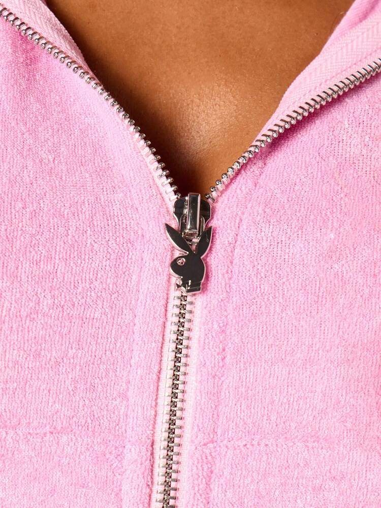 Missguided x Playboy Kurze Reißverschluss-Terry-Kapuze mit Seitenstreifen-Detail und Logo-Stickerei auf der Rückseite