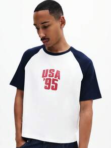 SUMWON Men Raglan Sleeve Slim Fit Baseball T Shirt With Chest Print USA 95 Varsity Casual Short Sleeve Crew Neck - Blue - View 4