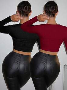 SHEIN SXY 2pcs/Set Sexy Wide Neck Long Sleeve Tight Fit T-Shirt - Multicolor - View 2