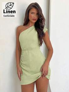 Aloruh 女士纯棉无袖褶皱腰部A字迷你通勤连衣裙 - 綠色 - 查看 6