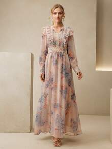 Anewsta Nuevo vestido largo elegante de primavera con cuello en V, lazo en la cintura y estampado floral pequeño y disperso que estiliza la figura para mujeres - Multicolor - Ver 7