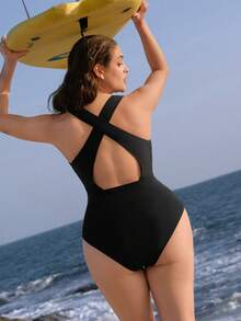 Swim SPRTY Plus Size Women Solid Color One-Piece Swimsuit, Sexy Criss-Cross Back, Suitable For Surfing, Beach, Vacation, Swimming, Water Sports - Black - View 3