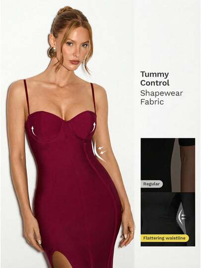 Nuvra 性感女士酒红色纯色修身吊带无袖绷带紧身开衩中长连衣裙