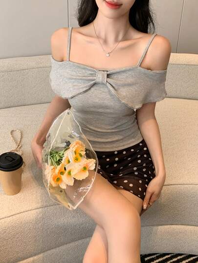 DAZY Women's Bow Tie Off-Shoulder Loose T-Shirt, Fresh And Chic