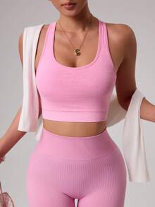 Sovereign Charm Reggiseno sportivo casual da donna, di colore unito, con schiena incrociata, versatile per uso quotidiano e fitness - Rosa - Visualizzare 6