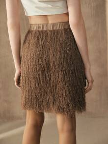 Arave Women's Knit Fabric Fringe Fluffy Waist-Cinched A-Line Casual Design Modern Party Elegant Date Night Midi/Skirt - Camel - View 5