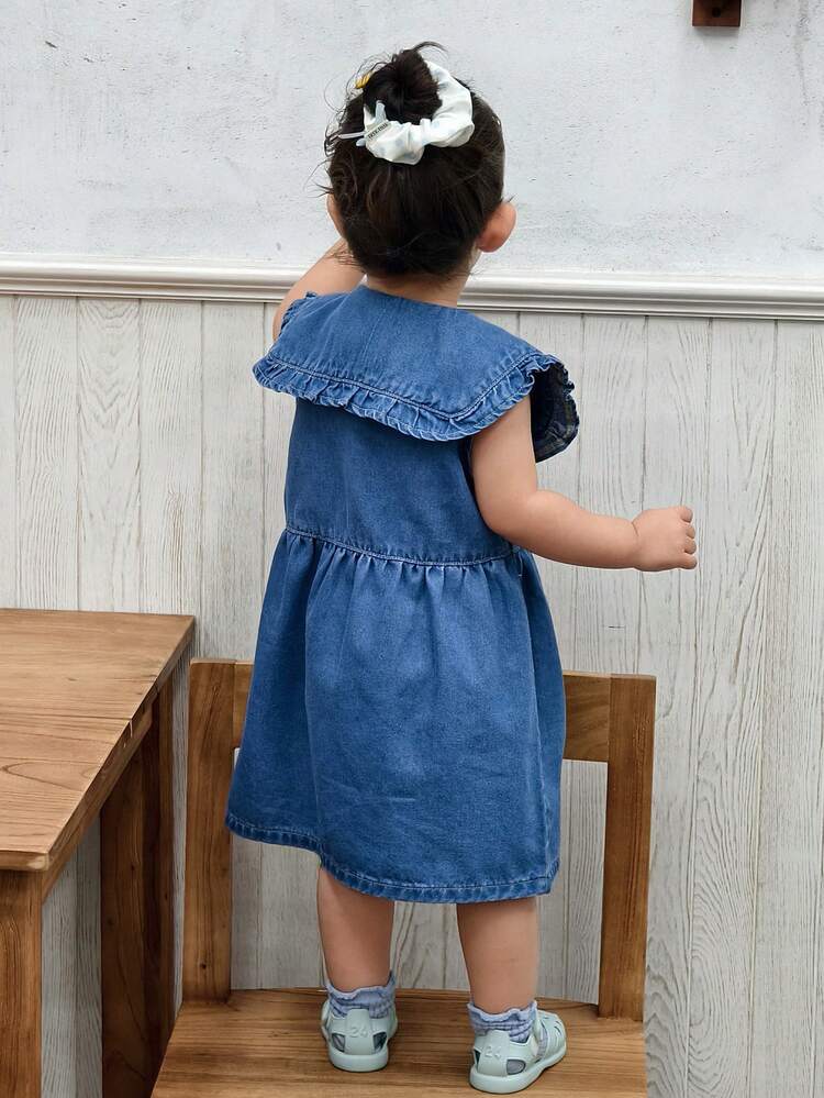 Baby Girls Korean Style Denim Dress With Peter Pan Collar Summer