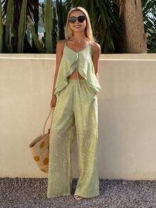 DAZY Bộ đồ nữ thường ngày gồm áo hai dây thêu hoa và quần ống rộng, thích hợp cho mùa xuân/hè. - màu xanh lá - Xem 6