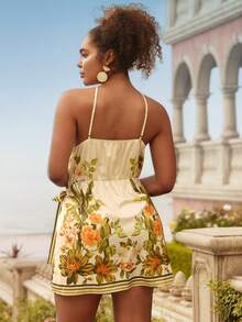 Travachic 大码女式热带印花裹身系带无袖连衣裙，夏季海滩度假风女式短裙，夏季女装，夏季套装，女装，夏季女装连衣裙 - 綠色 - 查看 2