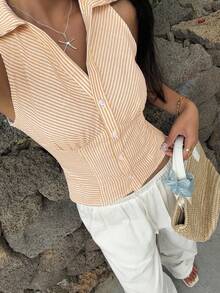 SHEIN EZwear Áo sơ mi nữ không tay ôm dáng kẻ sọc, Áo vàng mùa hè dễ thương, Áo vàng không tay kẻ sọc, Áo vàng nữ có cổ, Áo vàng mùa hè, Áo không tay cho nữ, Áo không tay cho nữ, Áo nữ mùa hè, Áo công sở nữ, Áo công sở thường ngày nữ, Áo màu mơ cho nữ, Áo thường ngày mùa hè, Áo vest nữ, Áo sơ mi nữ mùa hè, Áo và áo kiểu nữ, Trang phục mùa hè cho nữ. - Màu vàng - Xem 5