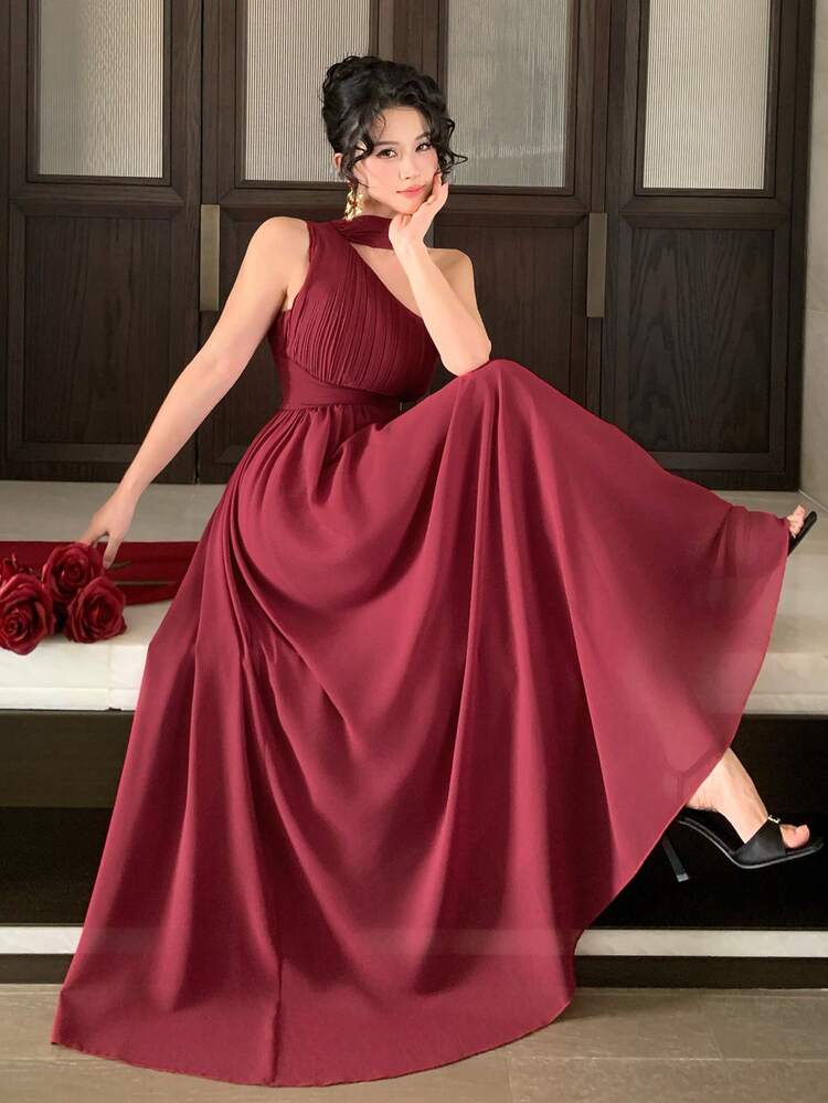 Women's Elegant Long Dress With Ruffle Asymmetrical Shoulder Asymmetric Hem, Red Ribbon Tie, Summer Sundress