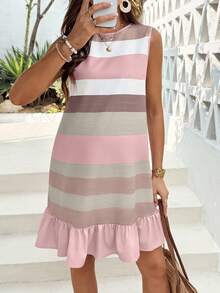 SHEIN Maternity Casual Colorful Striped Ruffle Hem Short Dress - Multicolor - View 6