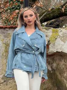 Jeta Ari Women's Lapel Belt Decor Short Casual Denim Jacket And Coat - Light Wash - View 6