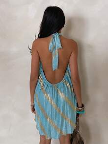 Glamine Shiny Crinkle Textured Fabric Sexy Backless Vacation Style Dress For Women - Multicolor - View 2