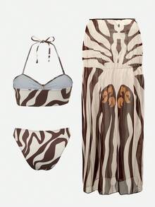 Swim Oasis Women's All-Over Print Bandeau Bikini Set With Sarong Skirt - Black - View 15