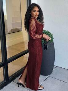 Alexandranx Vestido maxi de Body ceñido con escote redondo, manga larga, estilo corpiño y detalles de encaje, color negro, para mujer, nuevo para otoño/invierno, adecuado para fiestas, citas nocturnas o eventos de noche - Burdeos - Ver 5