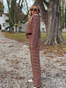 Jeta Ari Women's 2pcs Set Loose Striped V-Neck Drop Shoulder Long Sleeve T-Shirt &Elastic Waist Striped Pants, Winter Sweater Suit ,Autumn/Winter Christmas Red New Year 2 Pieces Lounge Sets Woman Two Pieces Set Women Comfy Lounge Wear Striped Set, Christmas Pajamas Family,Fall,Fall Clothes For Women Casual Spring Valentine's Day - Red - View 2