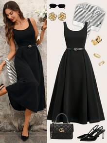 Ellevyn 优雅女士圆领收腰A字中长连衣裙，配条纹披肩两件套，适合通勤、约会、外出、度假、婚礼宾客、晚礼服等场合。 - 黑與白 - 查看 16