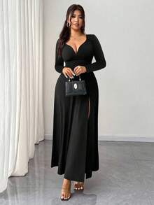 xheRafferiza Vestido de fiesta de manga larga, cuello en V, elástico y ajustado en color negro elegante para mujer. Diseño versátil y elegante con abertura, tela para otoño. Ideal para citas, fiestas, discotecas, calles, Halloween, San Valentín, cumpleaños, invitada de boda, vestido elegante, atuendo para concierto country.xhe - Multicolor - Ver 4