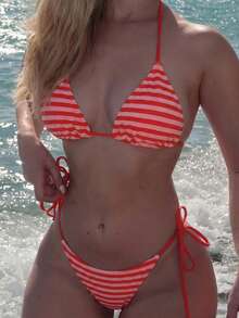 Turnttoni Women Striped Beach Swimsuit Set For Vacation For Summer - Red - View 3