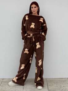 Bearsaez 女款卡通熊图案抓绒斜肩卫衣和裤子套装，秋冬 - 棕色 - 查看 1