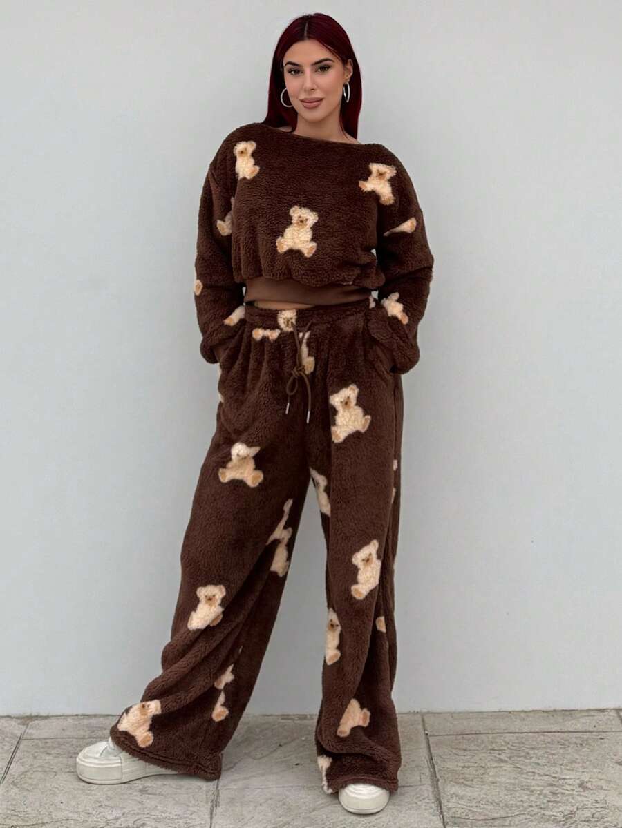 Bearsaez 女款卡通熊图案抓绒斜肩卫衣和裤子套装，秋冬 - 棕色 - 查看 1