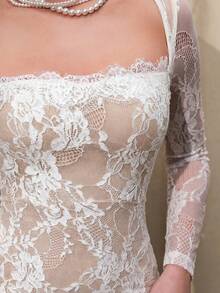 Bris Aura 女士秋冬性感 S 形蕾丝长袖罩杯紧身及地长连衣裙，适合派对、约会之夜、晚会 - 白色 - 查看 4